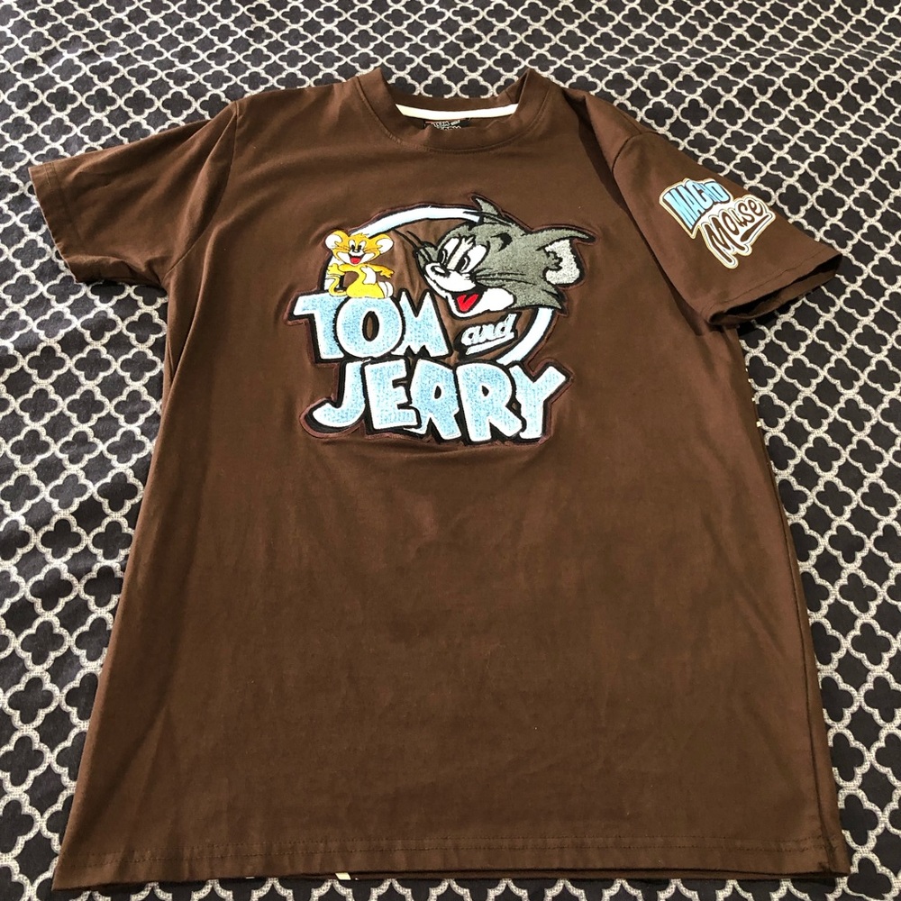 Tom & Jerry Mens Sz Small Embroidered Brown Shirt Macho Mouse Double Sided Cc30